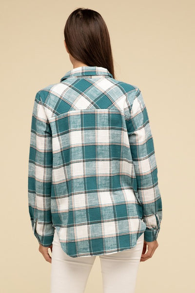 Cotton Plaid Shacket With Front Pocket - Fashions Envy
