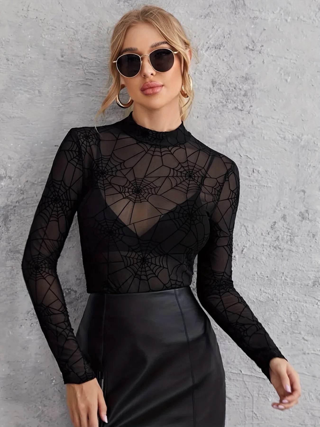 Spider Web Print Long Sleeve Blouse - Sheer Mesh Halloween Top - Fashions Envy