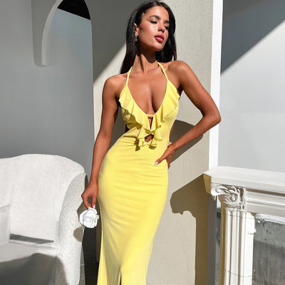 Women's Ruffled V Neck Halter Maxi Dress - Slim Fit Sling - Fashions Envy