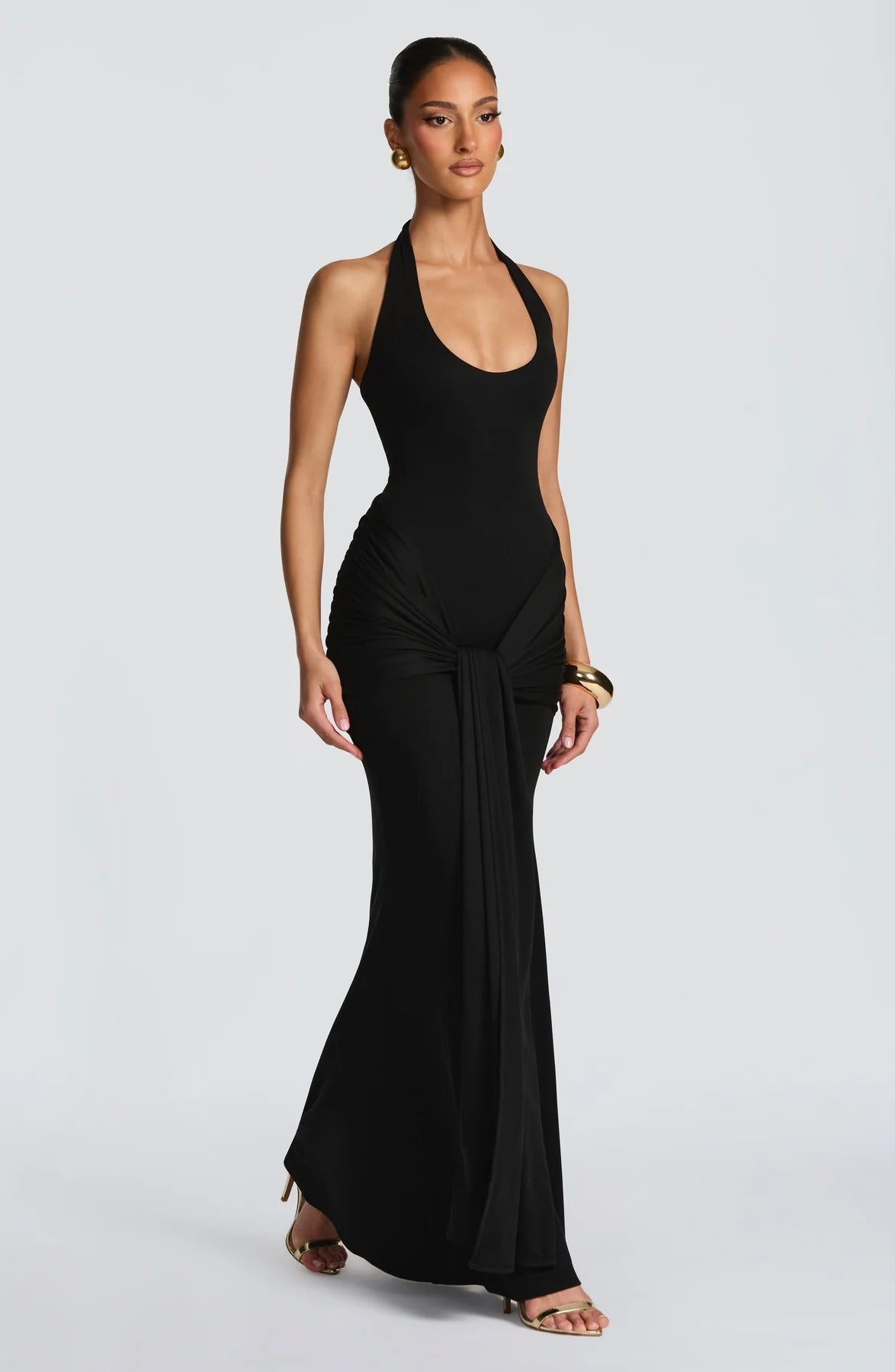 Open Back Pleated Dress - Patchwork Bodycon Gown