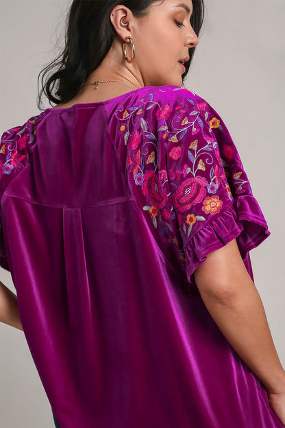 Violet Full Size Velvet Embroidery Short Sleeve Blouse