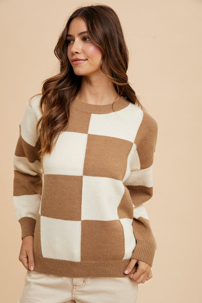 Mocha Checkered Round Neck Dropped Shoulder Sweater