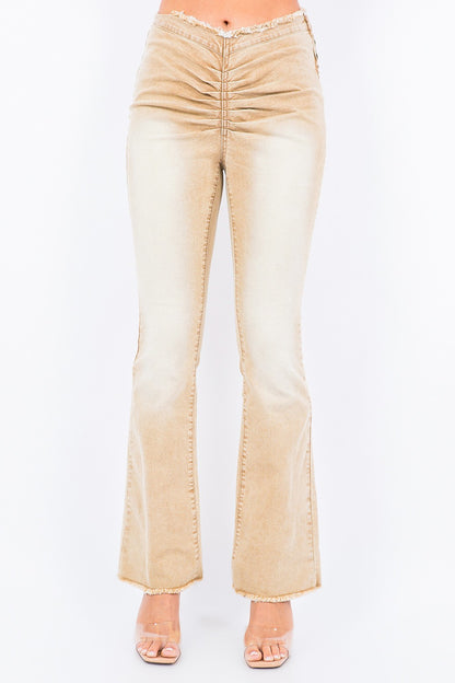 Tan V-Cut Ruched Flare Leg Retro Side Zipper Pants