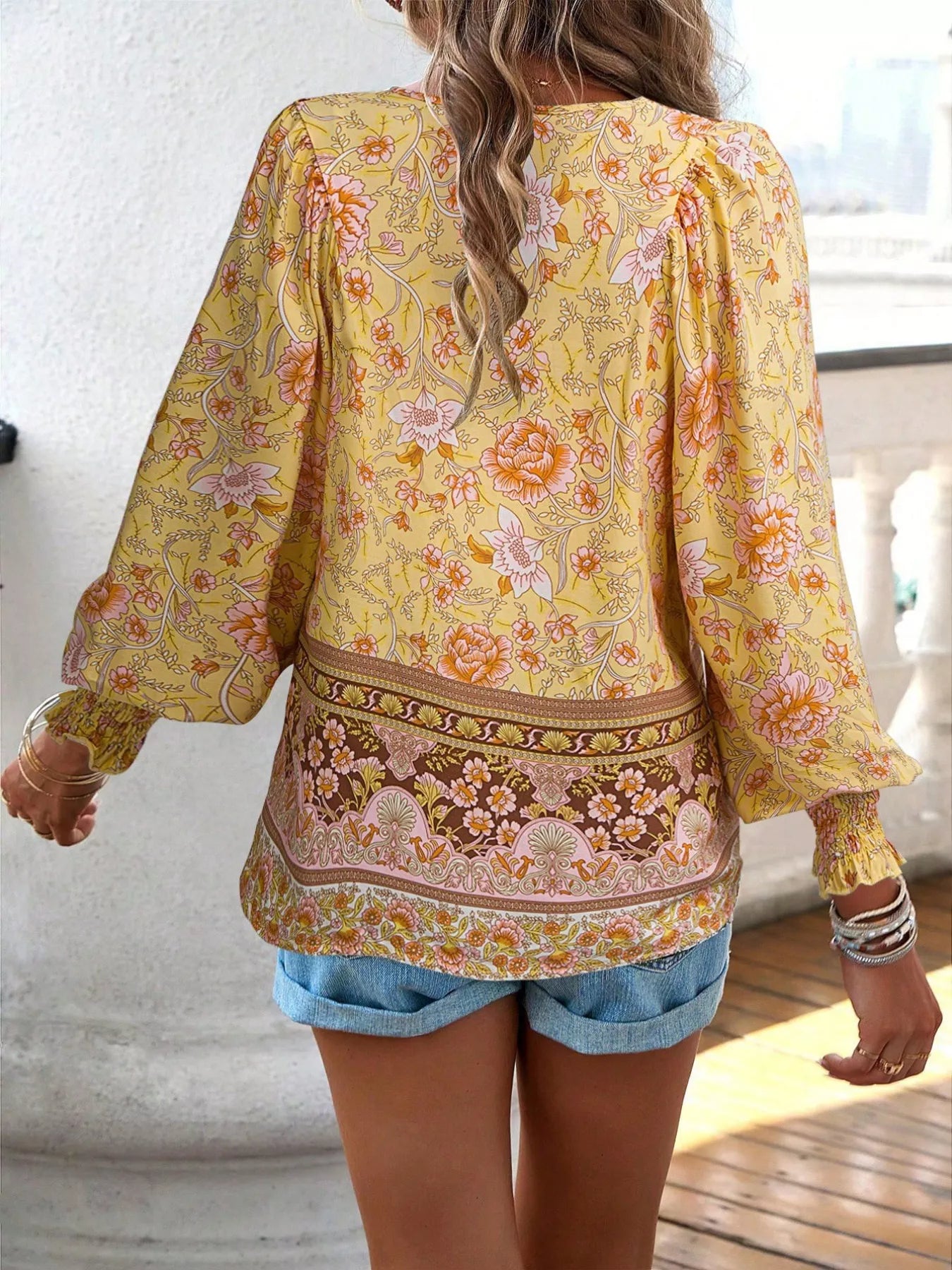 Bohemian Blouse - Floral Print Tie Neck - Fashions Envy