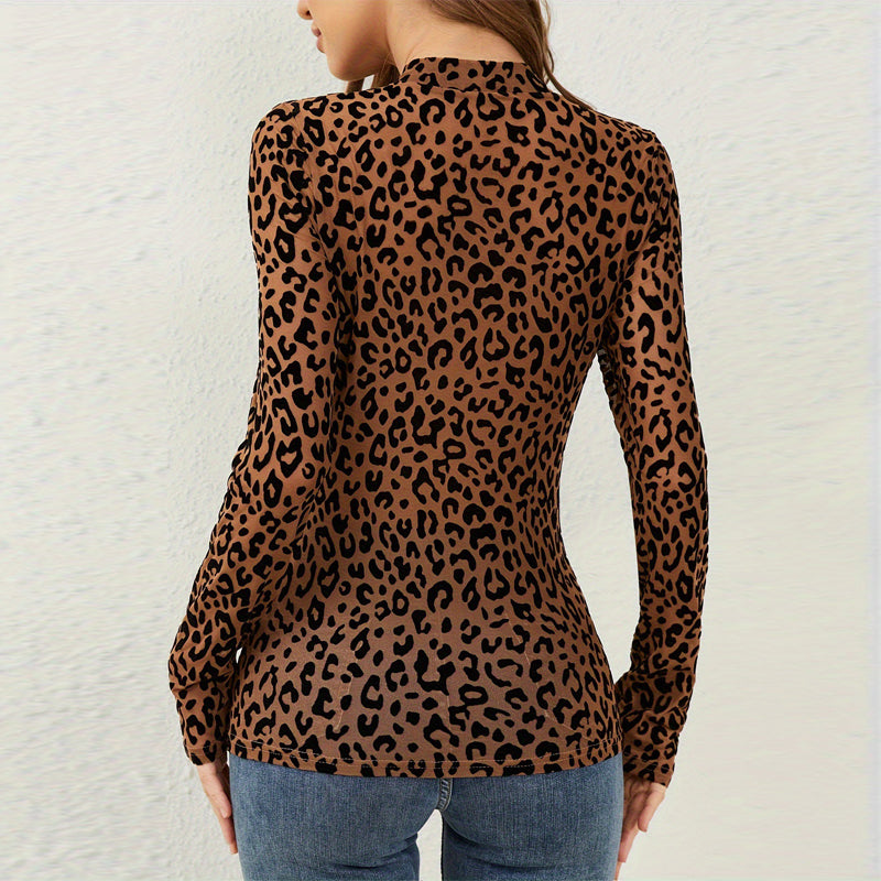 Leopard Print Top - Sheer Stand Collar Long Sleeve