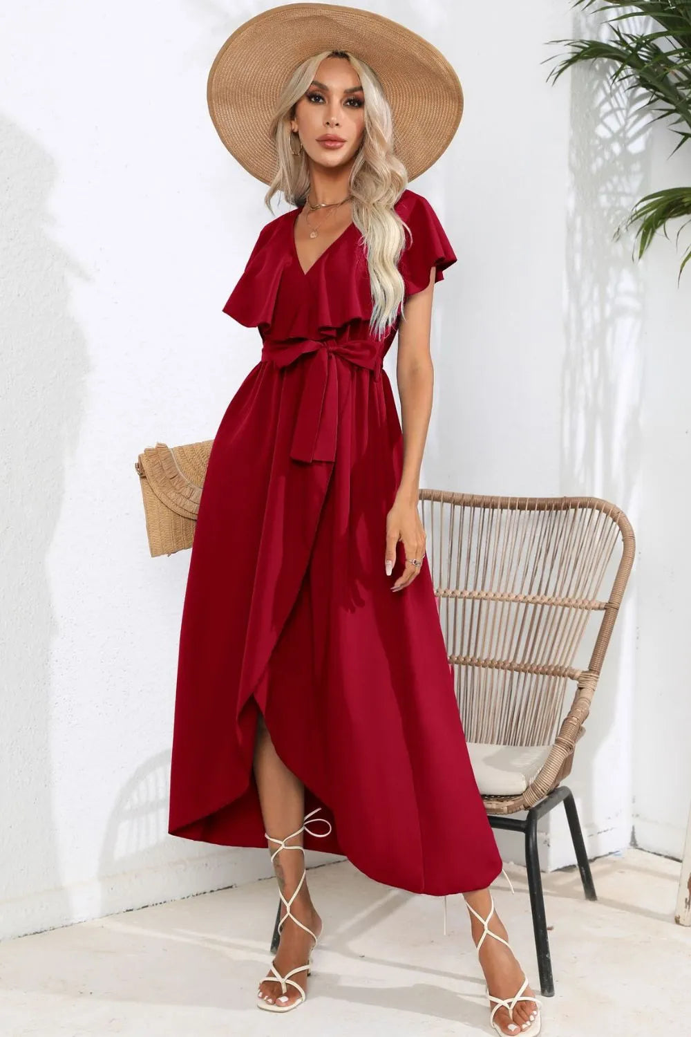 Tied Front Midi Dress - Ruffle Short Sleeve Slit Hem