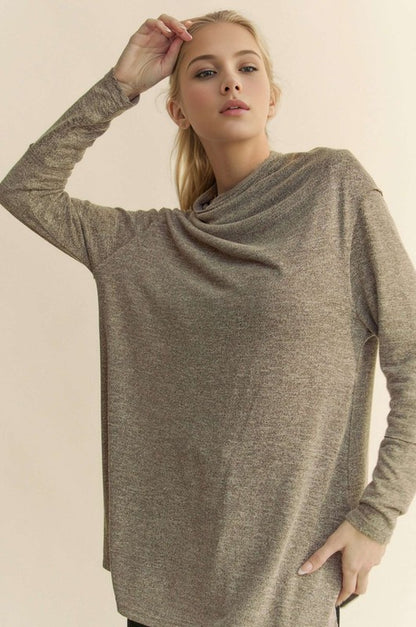 Taupe Slit Mock Neck Long Sleeve Top