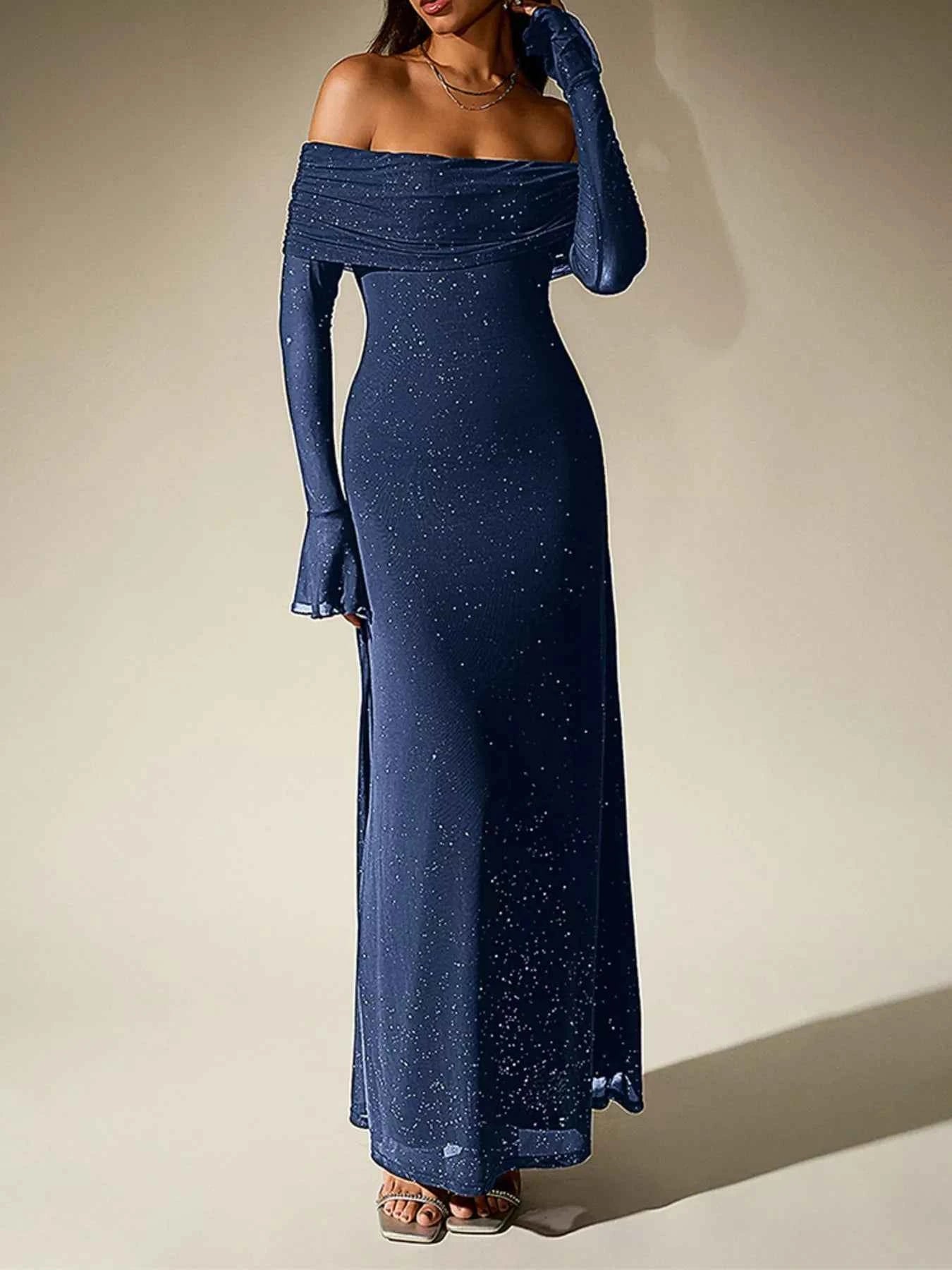Glitter Off-Shoulder Maxi Dress