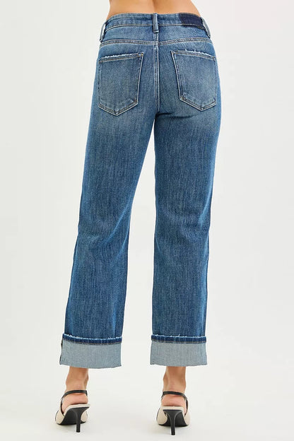 RISEN Slouchy Straight Jeans - 4-Way Stretch Cuffed Hem - Fashions Envy