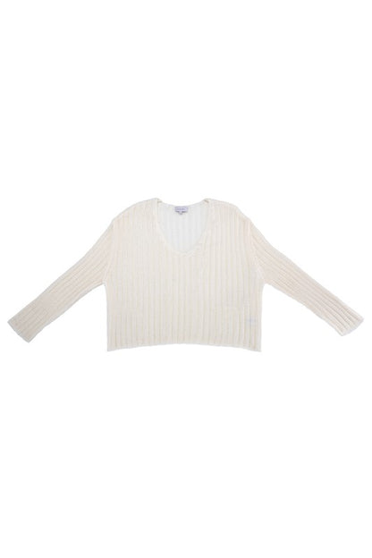 Ivory Variegated Ribbed V-Neck Sweater