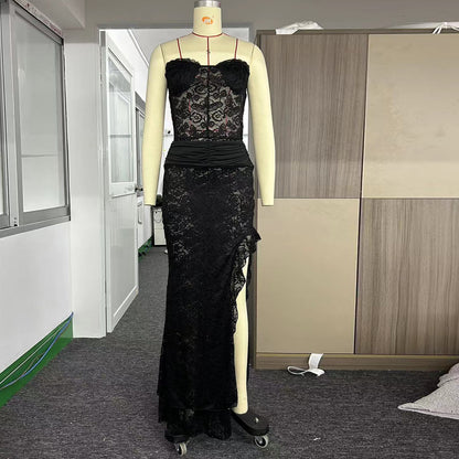Mesh Two-Piece Set - Tube Top & Slit Skirt Summer Dress