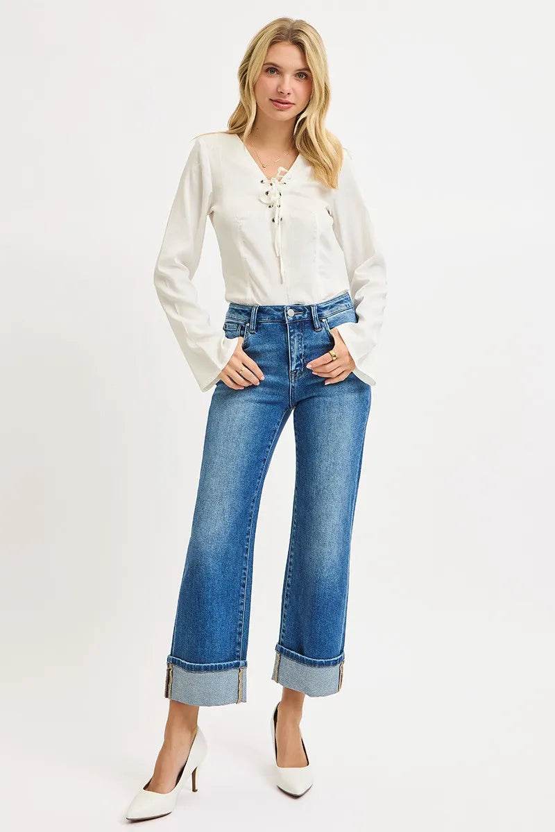 RISEN Full Size Mid Rise Crop Straight Cuffed Jeans Plus Size - Fashions Envy