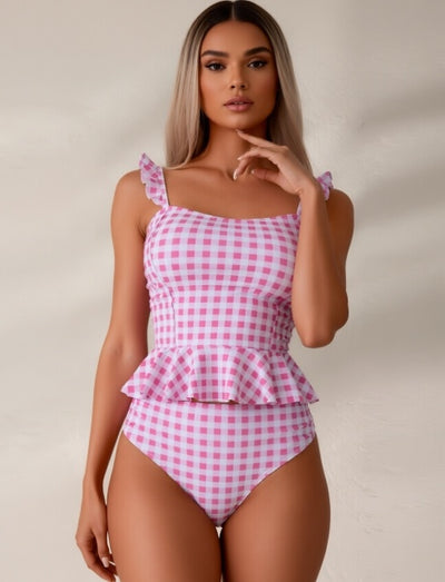 Pink Plaid One-Piece Swimsuit - Ruffled Full Coverage