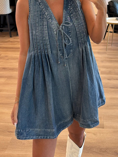 V-neck Pleated Tied Romper with Pockets