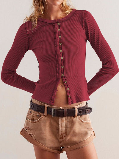 Ribbed Button-up Round Neck Long Sleeve Top