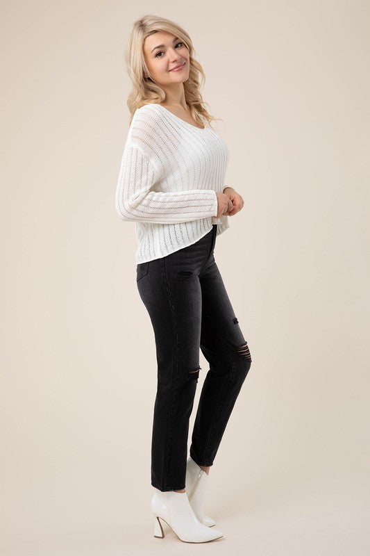 Ivory Variegated Ribbed V-Neck Sweater