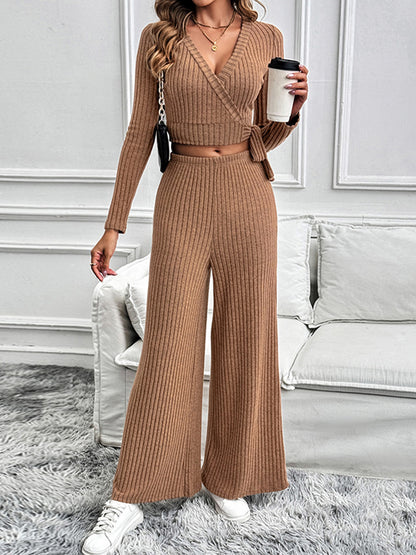 Perfee Surplice Long Sleeve Top and Pants Set - Fashions Envy