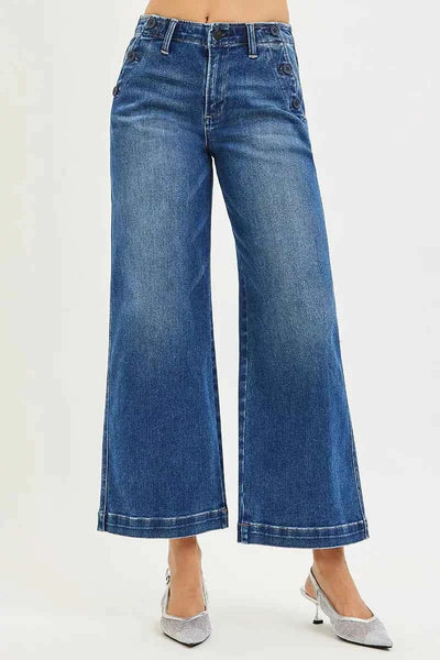 RISEN High Rise Wide Leg Jeans - Dark Wash Button Detail