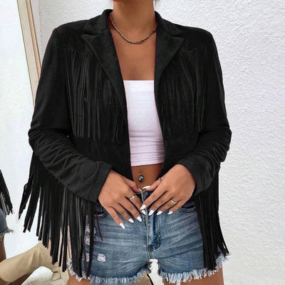Solid Color Fashion Lapel Loose Fit Fringe Long Sleeve Jacket