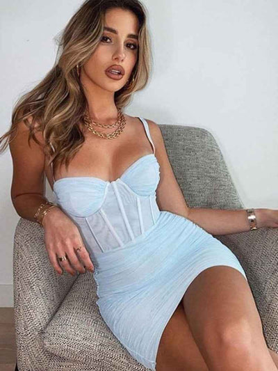 Sheer Mesh Mini Dress - Ruched Spaghetti Strap Bodycon