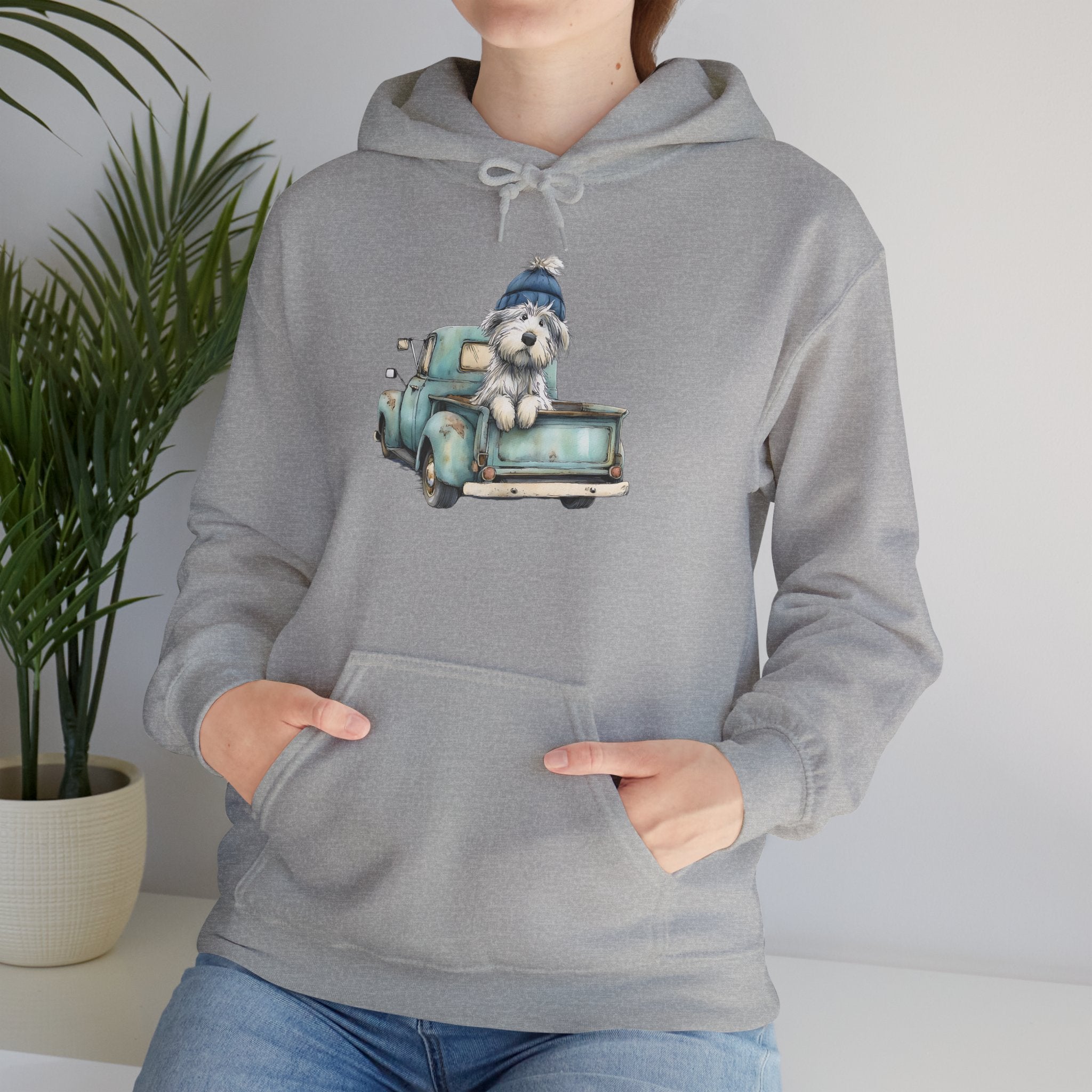 Vintage Truck Pup Hoodie - Cozy Winter Dog Lover Sweatshirt