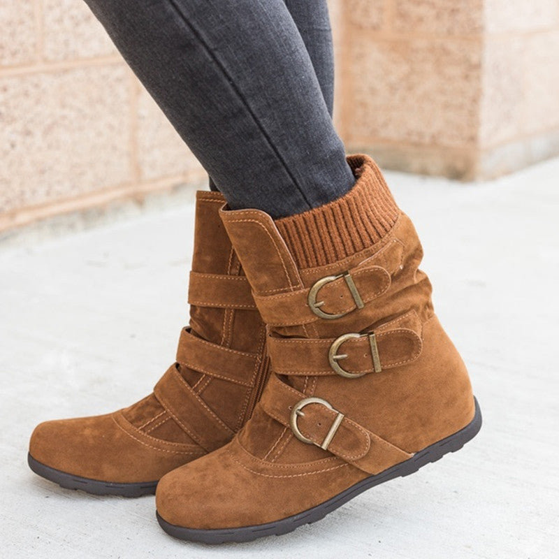 Women's Casual Winter Boots - Strap Buckle Design - Fashions Envy