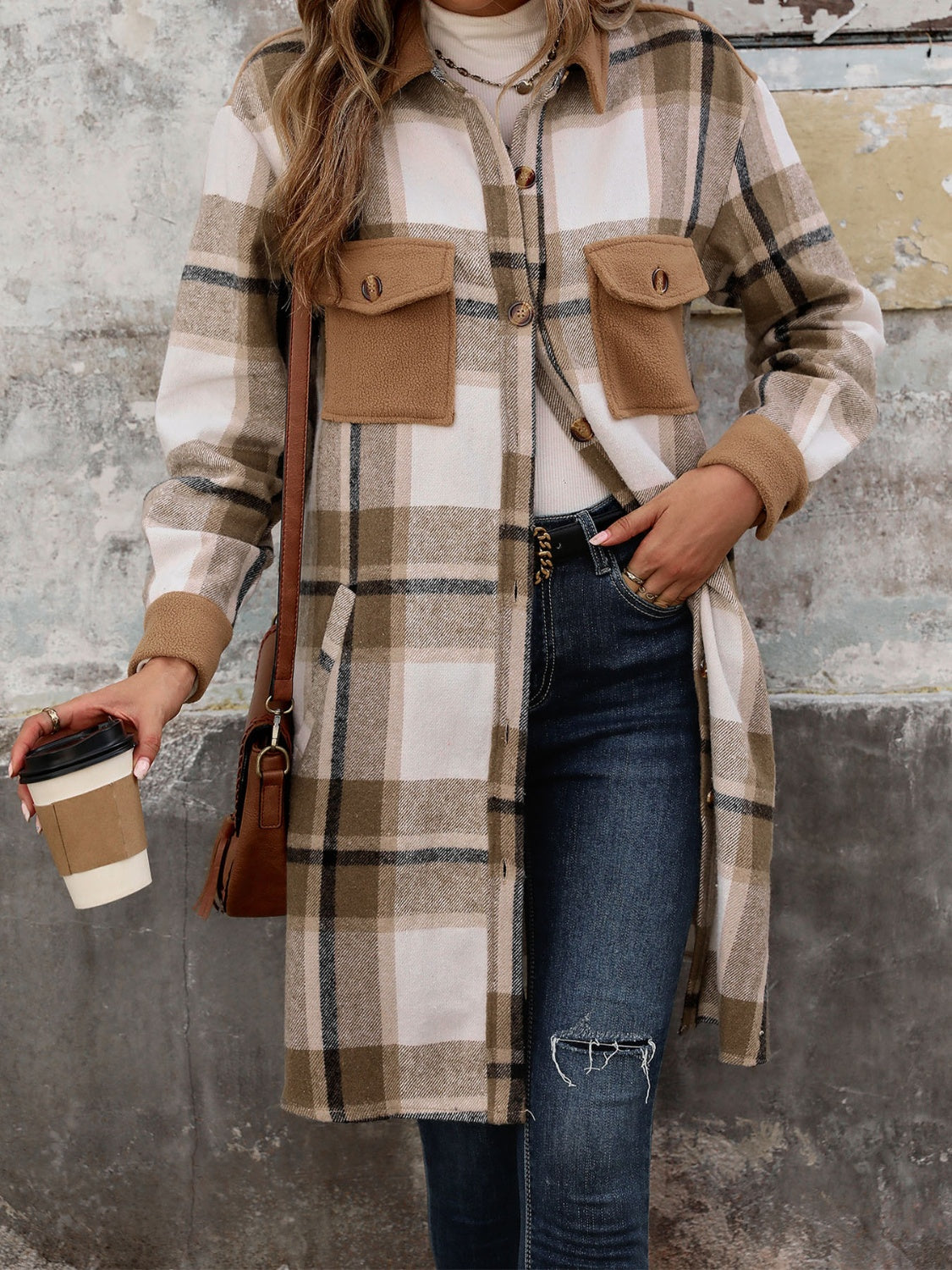 Perfee Plaid Button Up Long Sleeve Coat - Fashions Envy