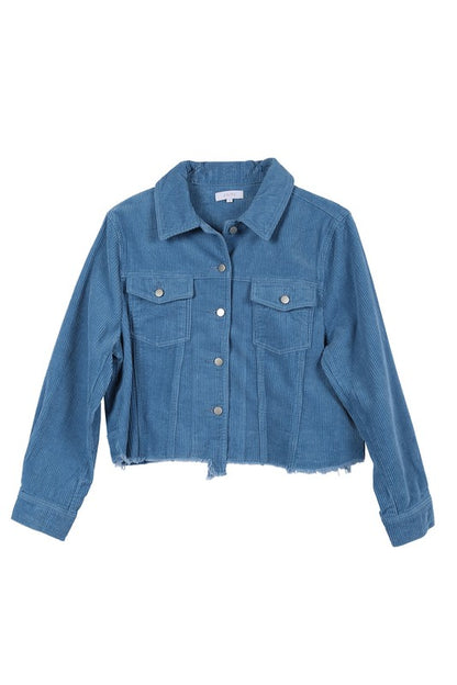 Long Sleeve Shirt Collar Frayed Corduroy Jacket