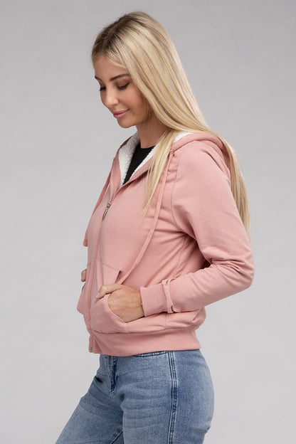 Fuzzy Trim Zip-Up Cropped Length Hoodie