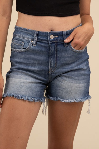 Casual Mid Rise Raw Frayed Hem Fitted Denim Shorts