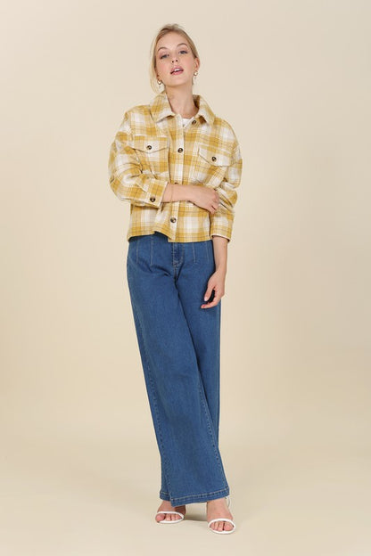 Plaid Cropped Drop Shoulder Shacket with Pockets