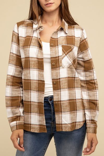 Cotton Plaid Shacket With Front Pocket - Fashions Envy