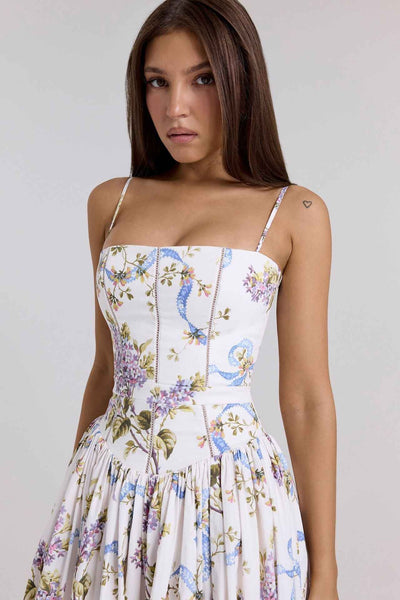 Floral Cami Maxi Dress - Cinched Waist A-Line Spaghetti Strap