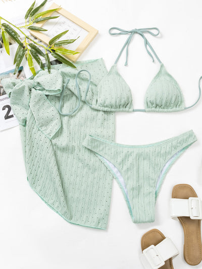 Mesh Skirt Bikini Set - 3-Piece Halterneck Swimsuit