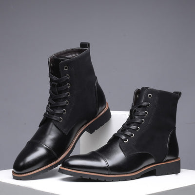 Pointed Tip Lace-up Leather Splicing Martin Boots