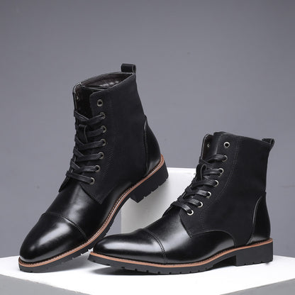 Pointed Tip Lace-up Leather Splicing Martin Boots