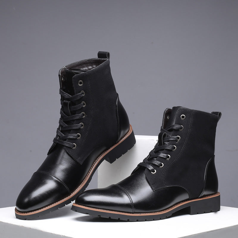 Pointed Tip Lace-up Leather Splicing Martin Boots