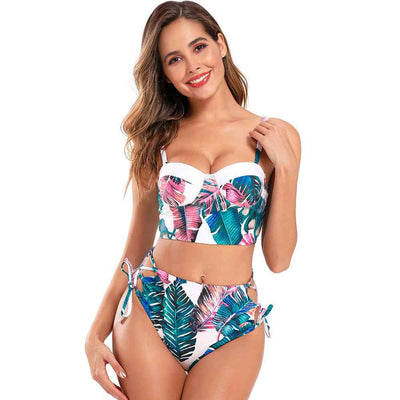 Green Leaf High Waist Bikini - Halter Strap Tropical Two-Piece