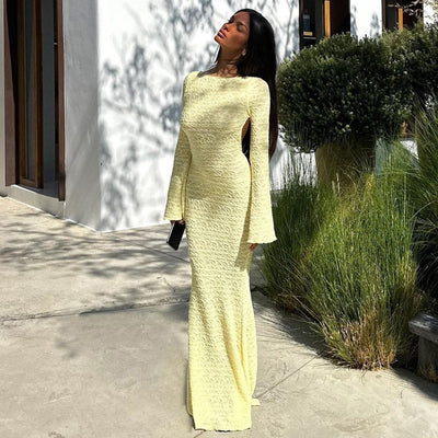 Backless Maxi Dress - Tie Detail Long Sleeve Yellow - Fashions Envy