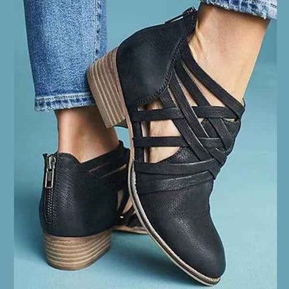 Women's Pointed Thick Heel Boots - Hollow Short Design - Fashions Envy