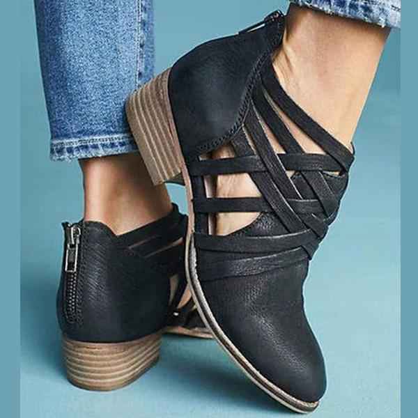 Women's Pointed Thick Heel Boots - Hollow Short Design - Fashions Envy