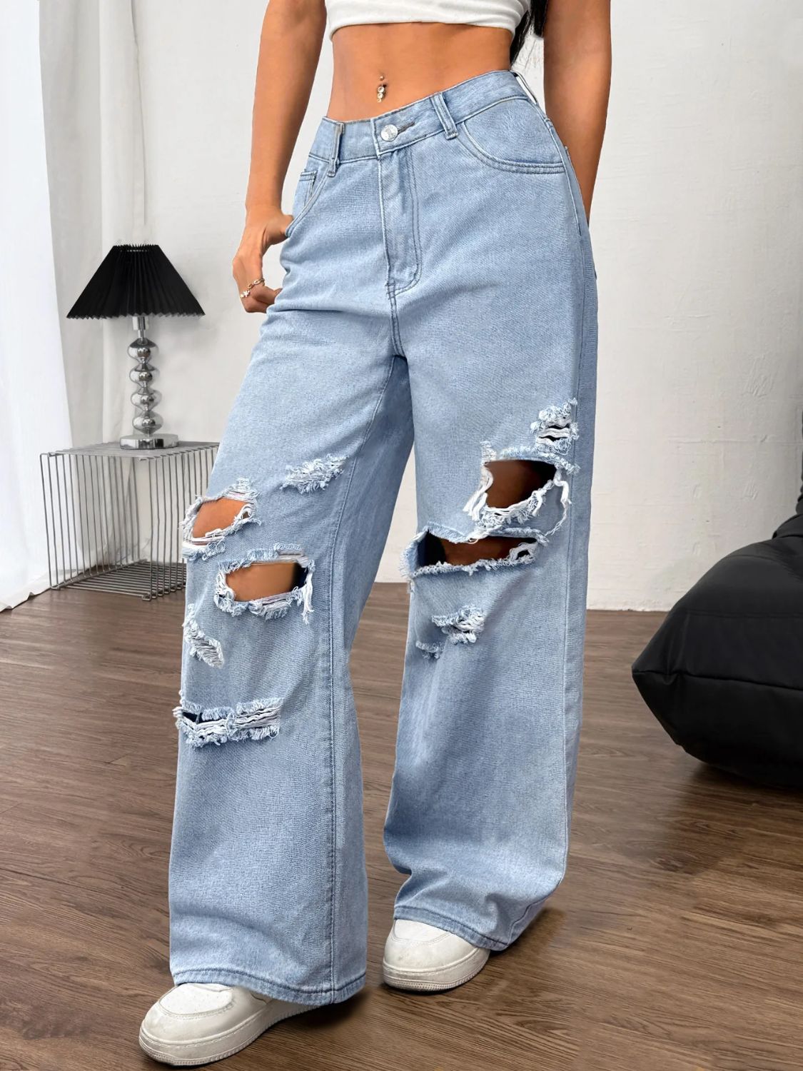 Light Denim Distressed Wide Leg Jeans with Pockets