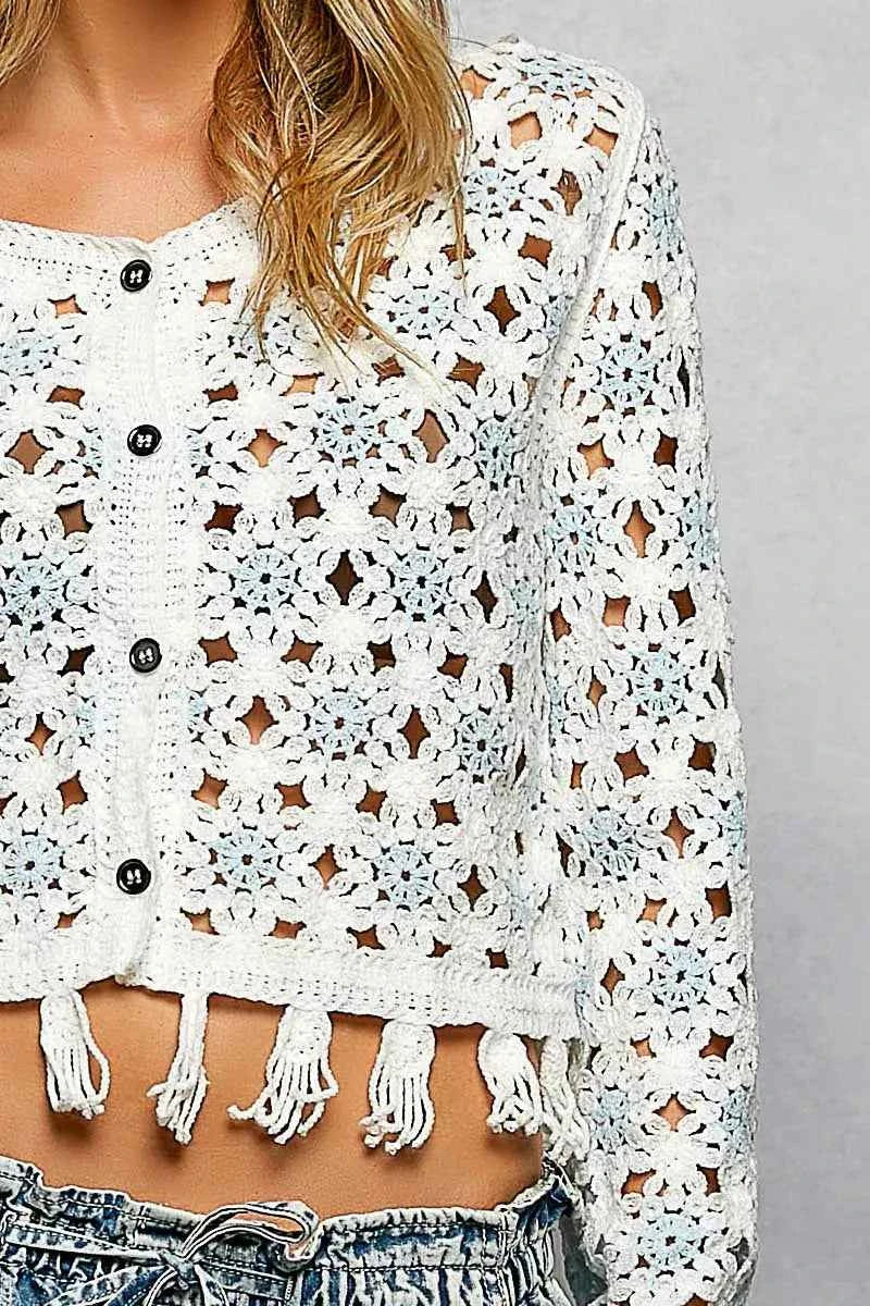 POL Openwork Floral Crochet Cardigan with Tassel Hem