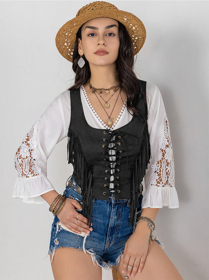 Fringe Lace-Up Vest - Fashions Envy