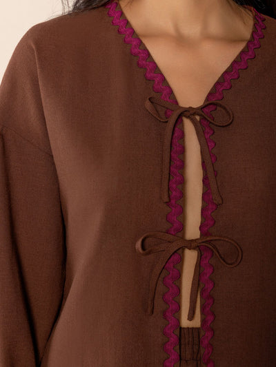 Brown Tied V-Neck Long Sleeve Top and Shorts Set