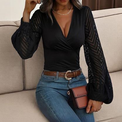 Deep V-Neck Chiffon Top - Criss-Cross Sheer Sleeves