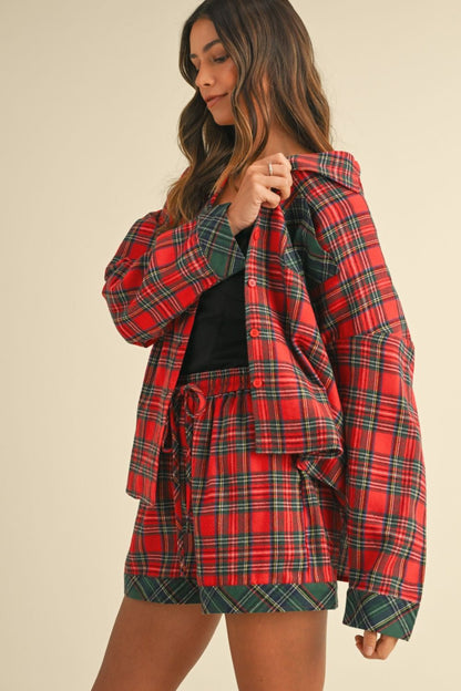 Red Contrast Plaid Long Sleeve Top and Shorts Set