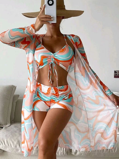 Tropical Paradise Set - 3-Piece Bikini with Cardigan
