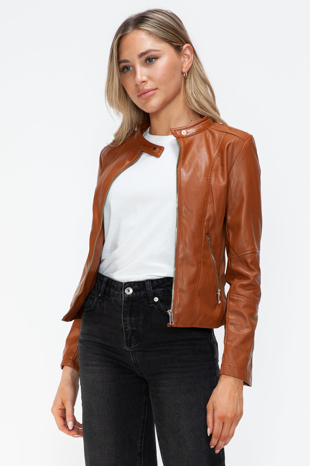 Camel Faux Leather Zip Up Drawstring Hooded Jacket