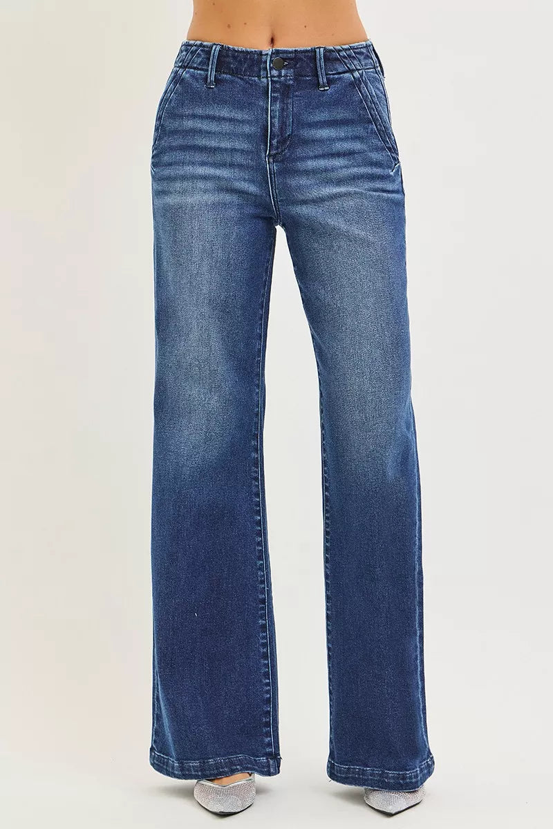 RISEN Wide Leg Jeans - Women's High Rise Slanted Pocket - Fashions Envy
